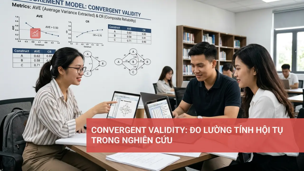 Biểu đồ minh họa convergent validity, tính hội tụ và giá trị phân biệt trong nghiên cứu định lượng.