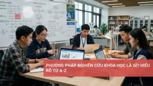 Hình ảnh minh họa các phương pháp nghiên cứu khoa học, giải thích khái niệm, phân loại định tính và định lượng.