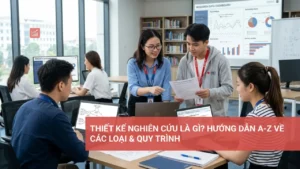 Sơ đồ minh họa các bước và loại hình thiết kế nghiên cứu, bao gồm định lượng, định tính và mô tả.