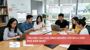 Minh họa các loại hình nghiên cứu khoa học như cơ bản, ứng dụng, định tính, định lượng.