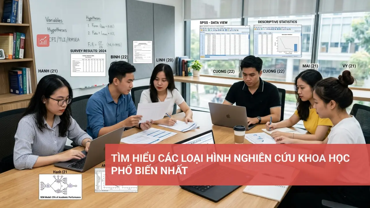 Minh họa các loại hình nghiên cứu khoa học như cơ bản, ứng dụng, định tính, định lượng.